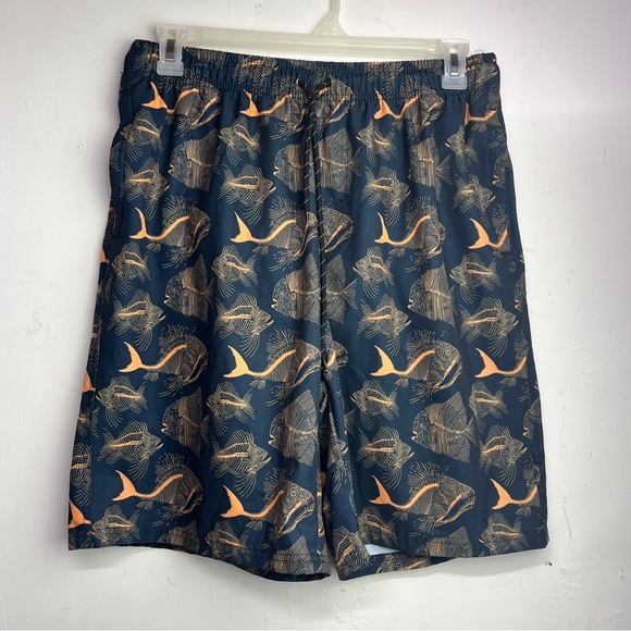 Flytop Men's 3XL Blue Orange Fish Print All Over Stretch Swim Trunks Shorts - Picture 1 of 5